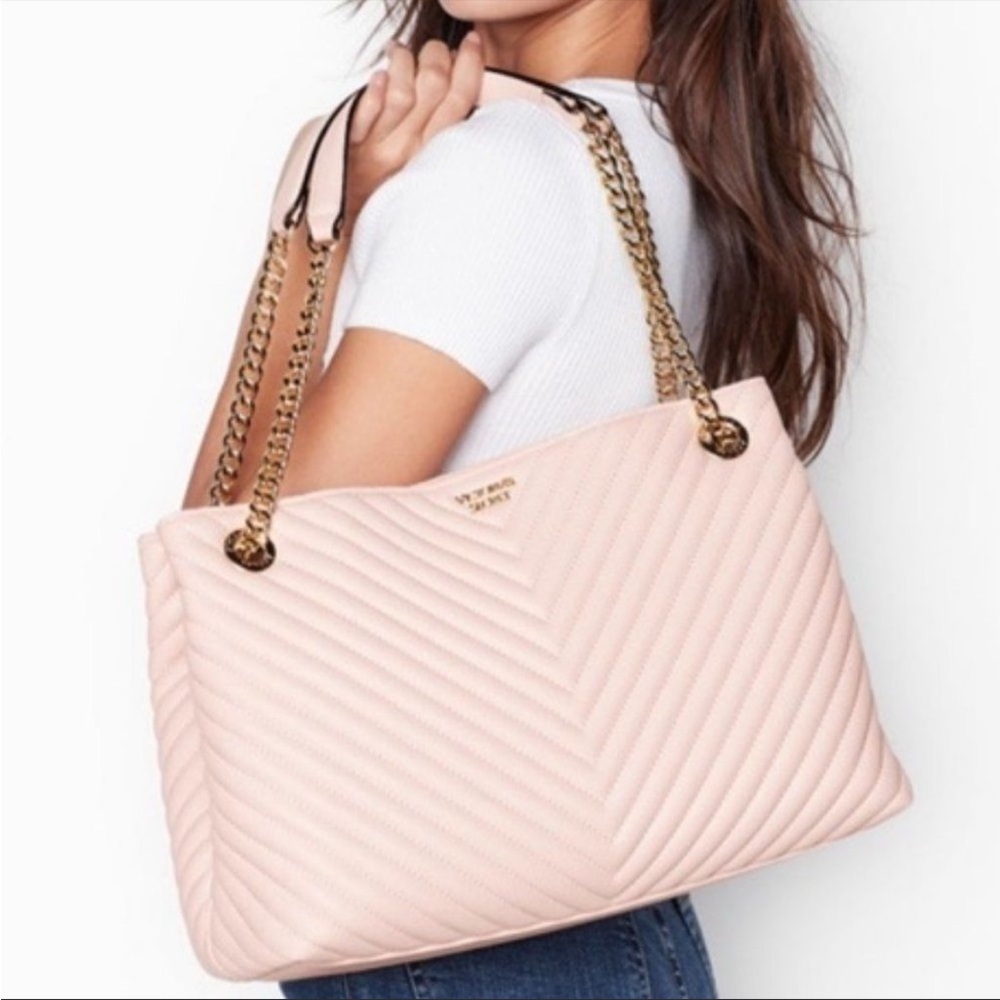 Victoria’s Secret - Blush Pink Quilted Shoulder Tote w/ Gold Chains